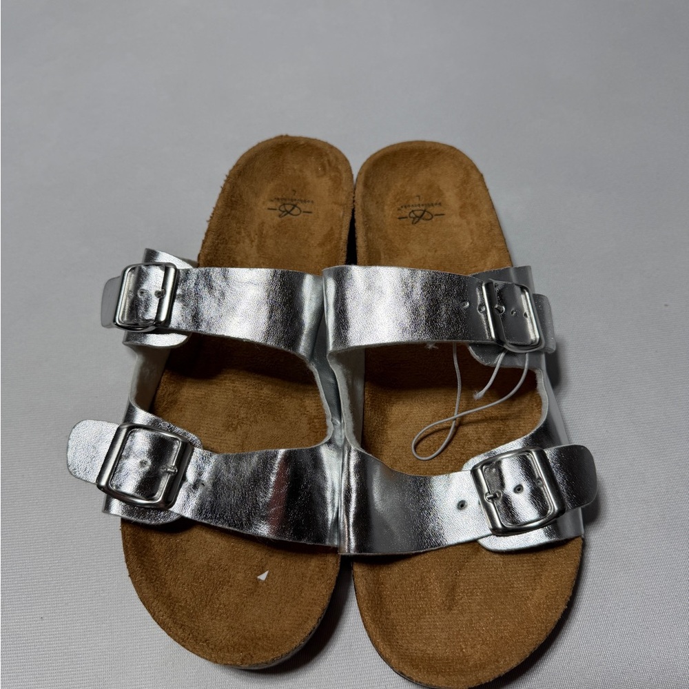 Metallic Silver Double-Buckle Women's Sandals